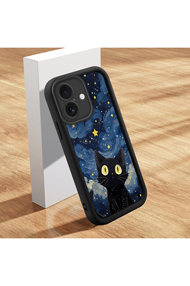 حافظة من السيليكون متوافقة مع هاتف iPhone 16، مقاومة للصدمات، لون أسود، نمط قطة - 3