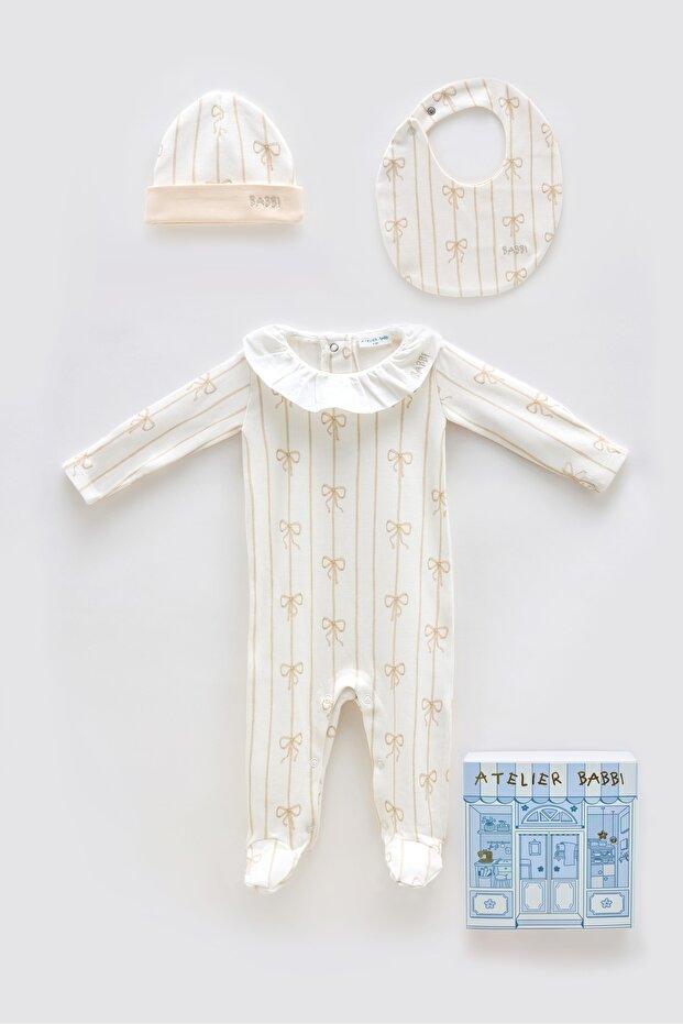 100% Cotton 3-Piece Newborn Set - Ribbon / Beige