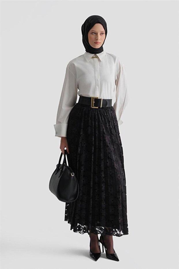 Dantelli Piliseli Etek Siyah - 1