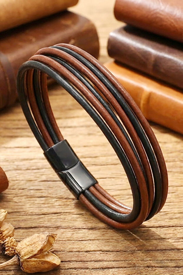 Men's Leather Bracelet - Multiple Leather Six Rows of Brown - Black Leather Men's Bracelet