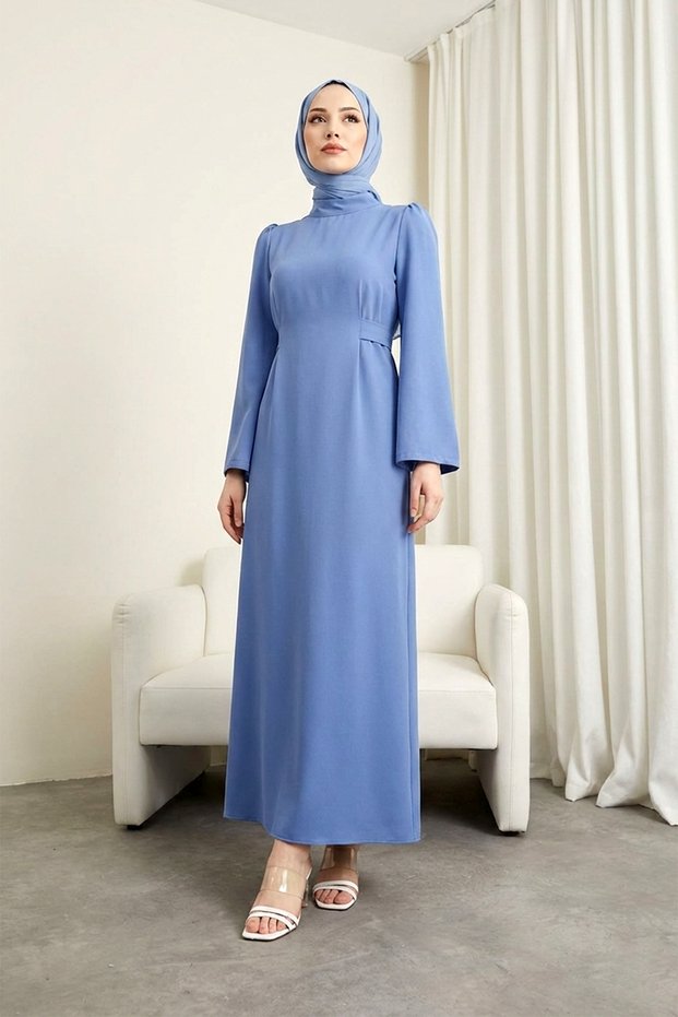 Tie-Waist Long Dress with Back Zipper - Blue