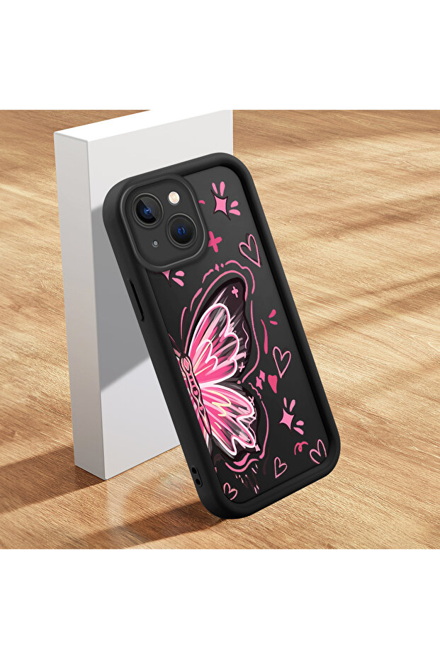 حافظة متوافقة مع هاتف iPhone 15 Plus مصنوعة من مادة السيليكون المقاومة للصدمات باللون الأسود ونمط الفراشة - 4