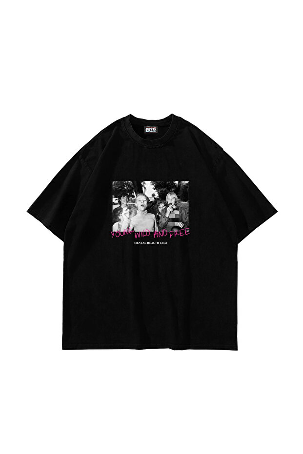 Young Wild N Free Printed Oversized Unisex Black T-Shirt