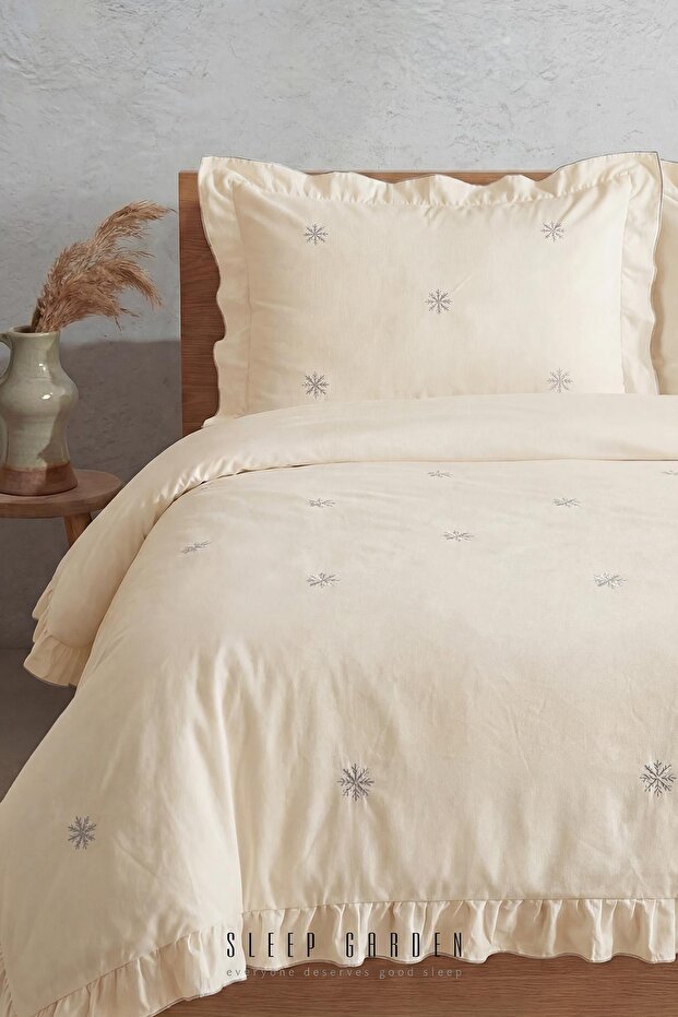 Esen Duvet Cover Set Embroidered 100% Cotton Snowflake Patterned Cream Single