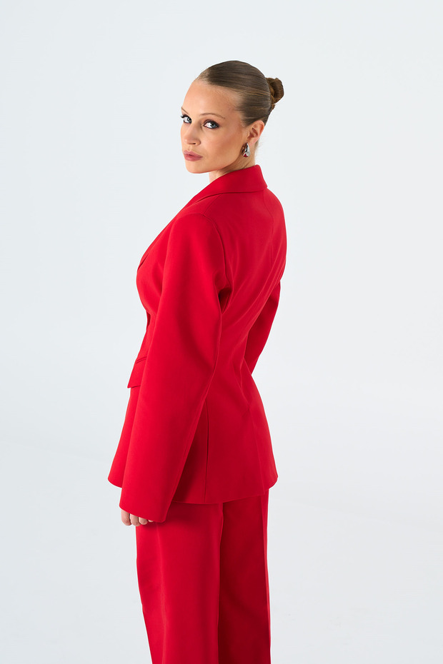Kadın Kırmızı Tek Düğmeli Blazer - 6