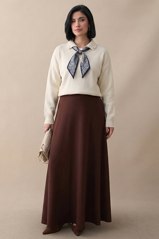 Fularlı Triko Ekru Tunik - 4