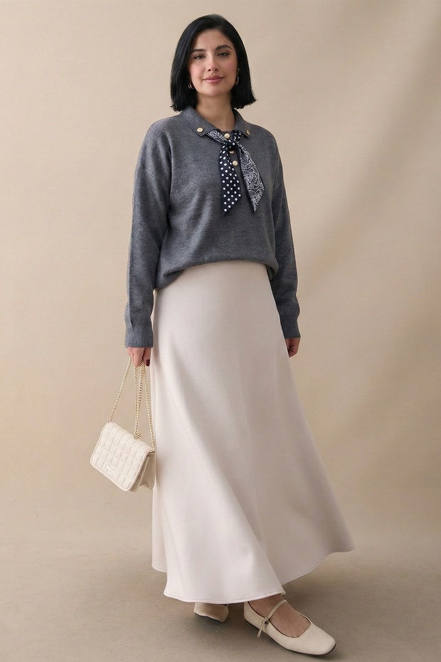 Fularlı Triko Gri Tunik - 2