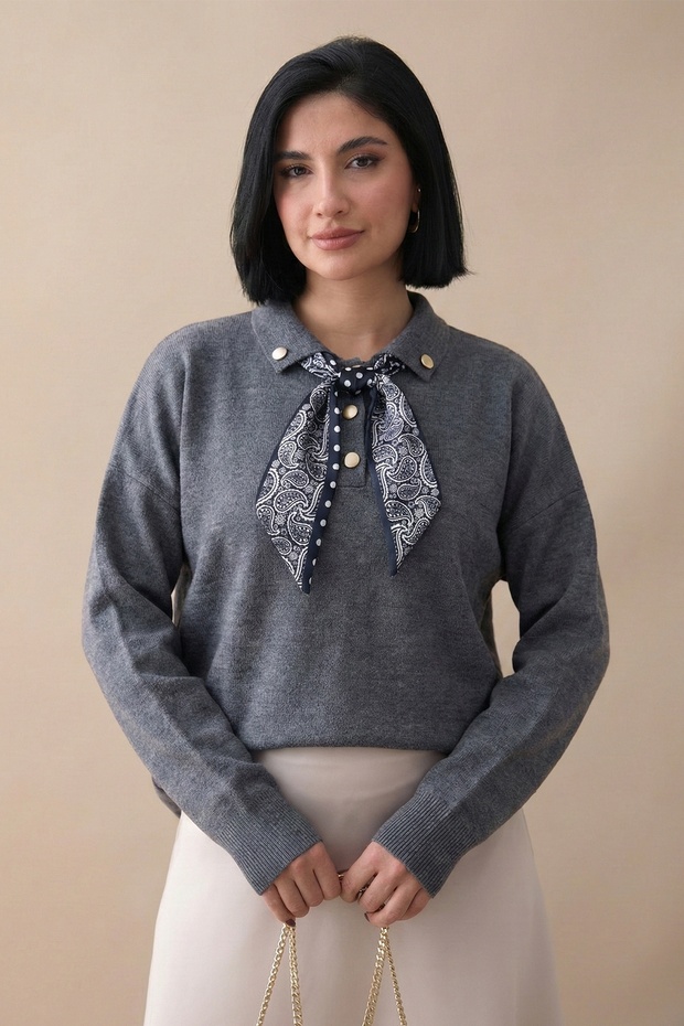 Fularlı Triko Gri Tunik - 1