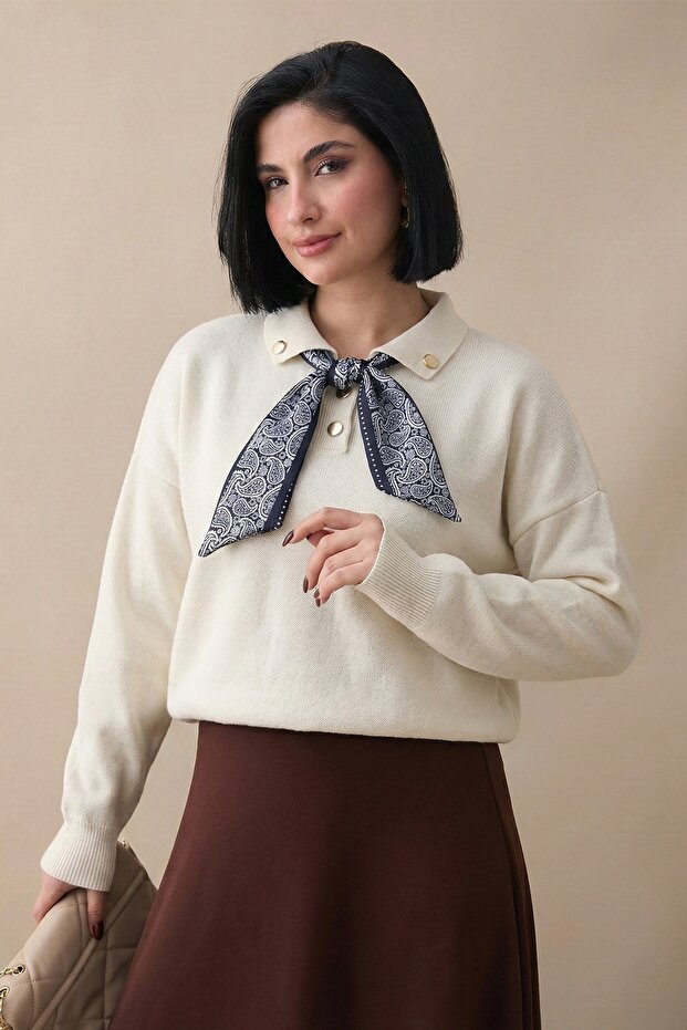 Fularlı Triko Ekru Tunik - 1