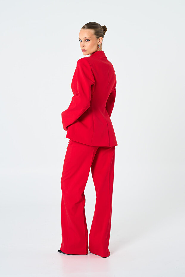 Kadın Kırmızı Tek Düğmeli Blazer - 7