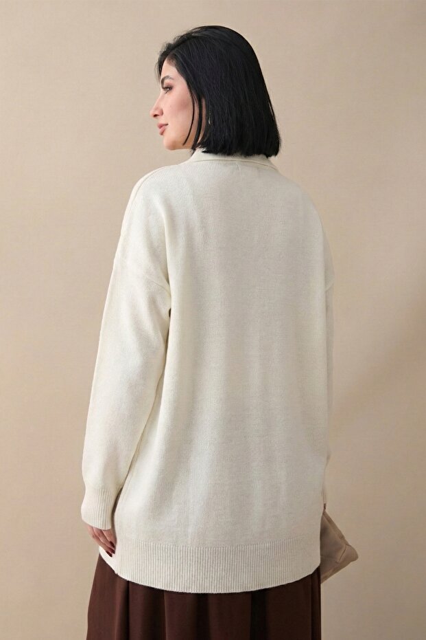 Fularlı Triko Ekru Tunik - 3