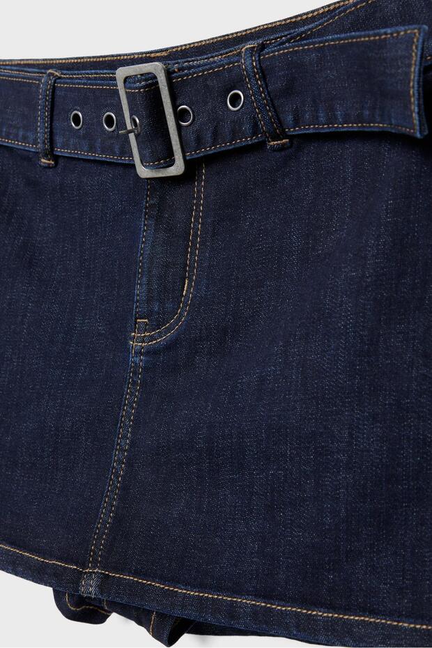 Kemerli denim şort etek - 6