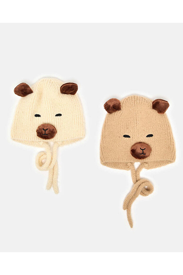 Boys Beige And Brown Bear Knitted Caps Set (Pack Of 2)