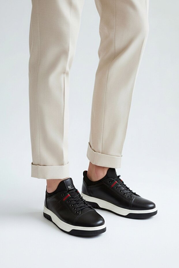 V26Ya-6095 Black Leather White Sole Men's Sneaker Shoes