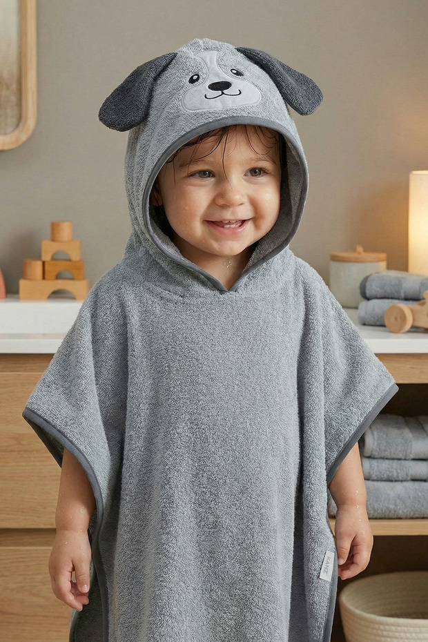 Baby Poncho Bath and Beach Towel 100% Cotton with Hood and Embroidered Figures - Dog Grey