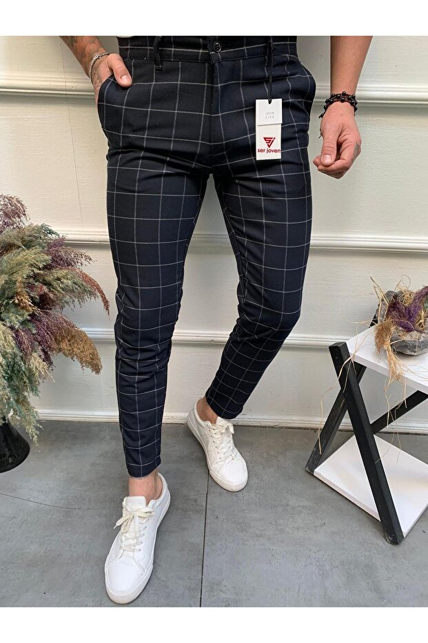 Men's Navy Blue Slim Fit Lycra Plaid Fabric Trousers