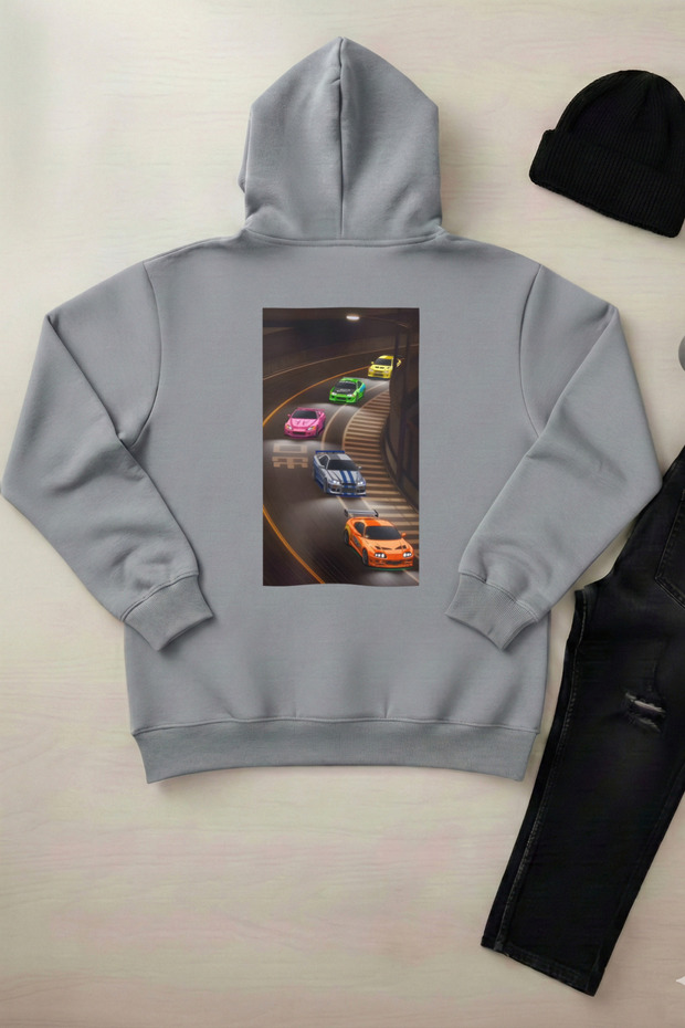 Five Cars - Unisex Hooded Kangaroo Pocket 3 Thread Puff (with Fleece Inside) Sweatshirt