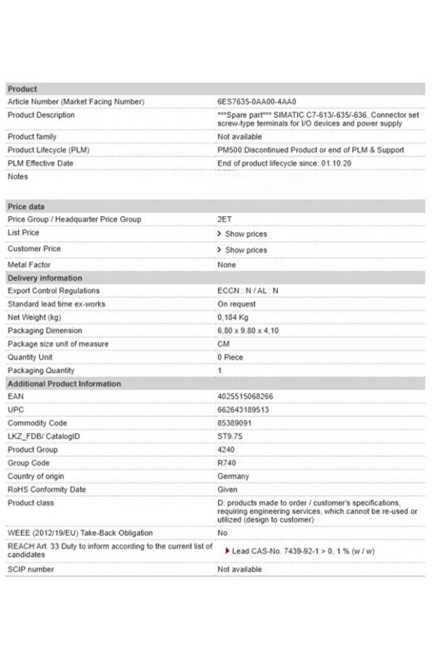 كابل برمجة SIMATIC C7-613/-635/-636، رقم الموديل 6ES7635-0AA0-4AA0 - 5