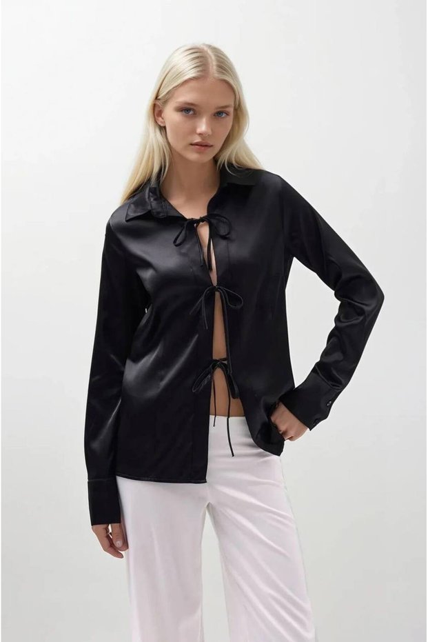 New Season Women's Satin Shirt with Tie Detail 52218012