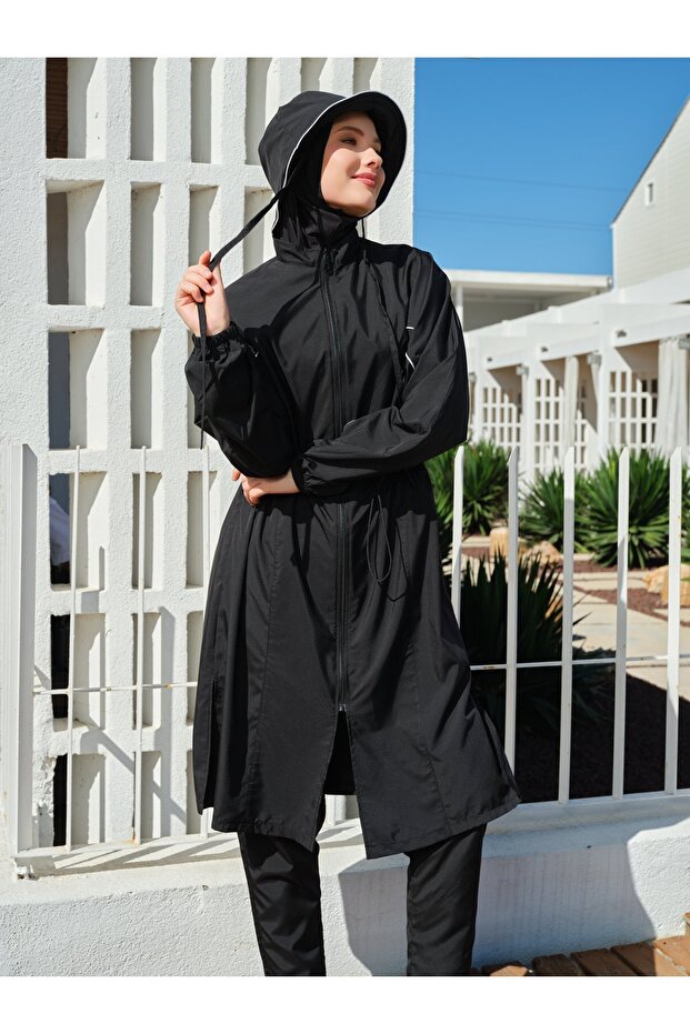 Oversize Long Hijab Swimsuit with Pile Trim Hat - Alf26521