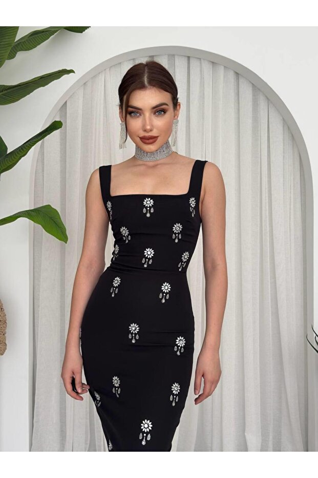 Square Collar Stone-Embellished Dress Black