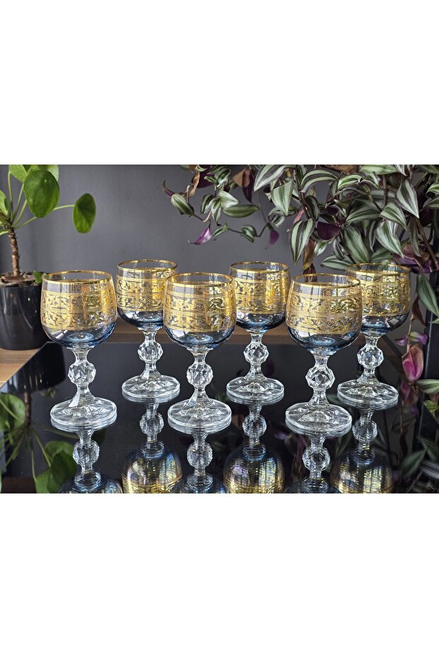 Handmade Crystal Alda Blue Lustered 24K Gold Engraved 6-Piece Serving Set Coffee Side Water Glass 150Cc