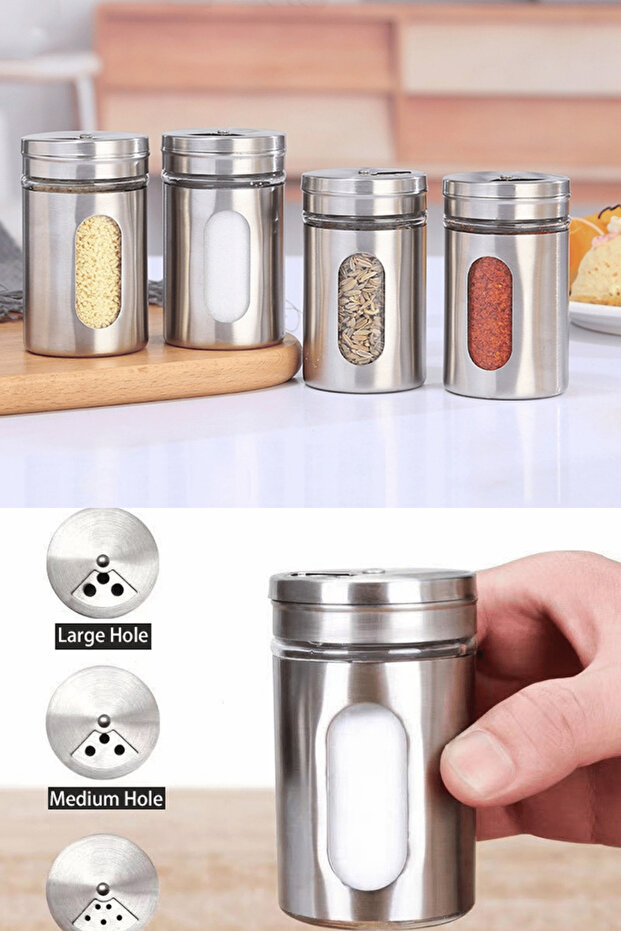 Stainless Steel Coated Mini Glass Spice Container Set - Salt Shaker - Pepper Shaker 4 Pieces