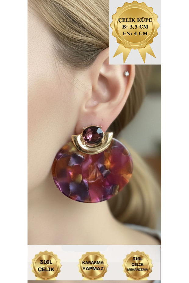 Women's Gold Color Natural Stone Detailed Marble Patterned Stainless Steel Earrings
