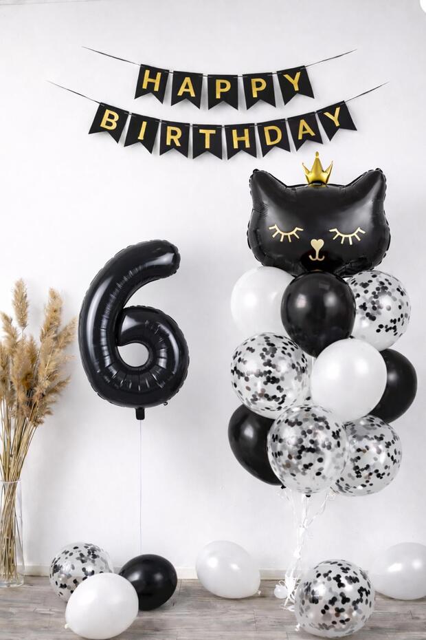 6 Year Old Cat Themed Birthday Balloon Set – Black Concept