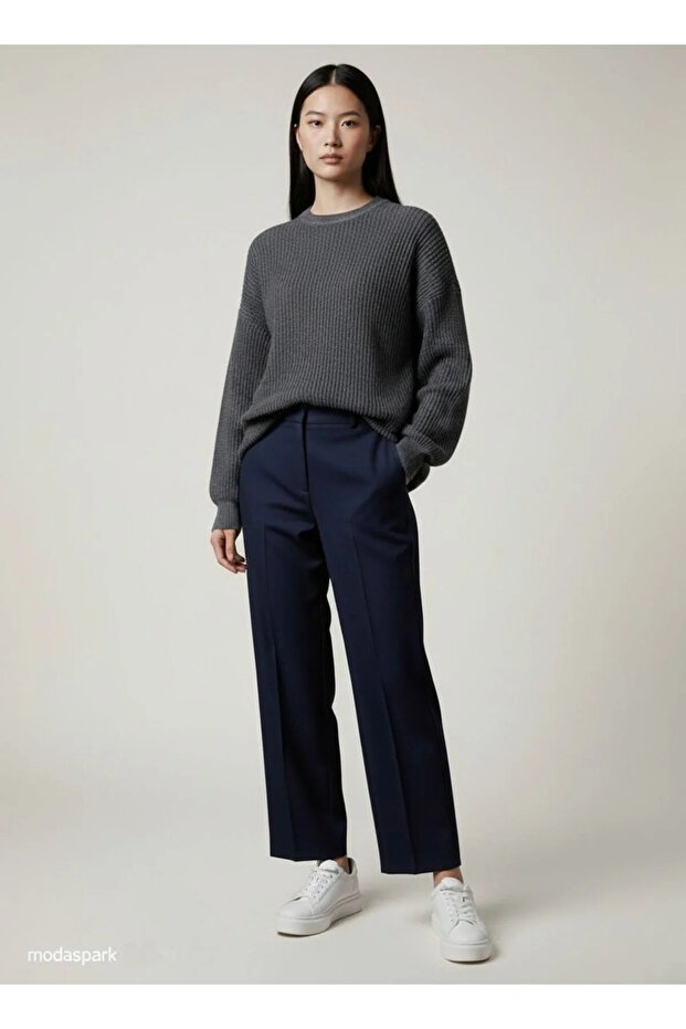 Women's Anthracite Crew Neck Long Sleeve Off-Shoulder Oversize Thessaloniki Knit Sweater