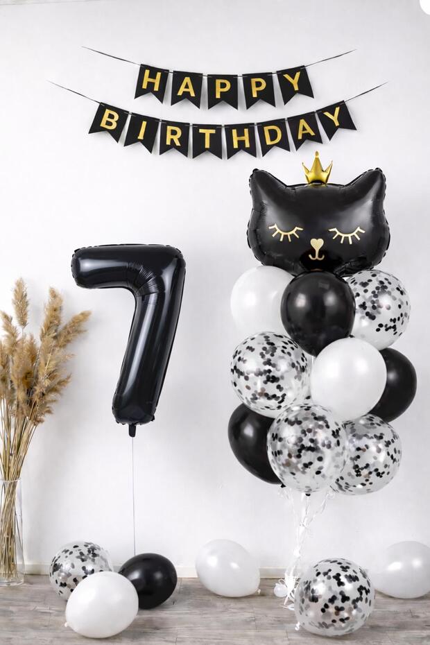 7 Year Old Cat Themed Birthday Balloon Set – Black Concept