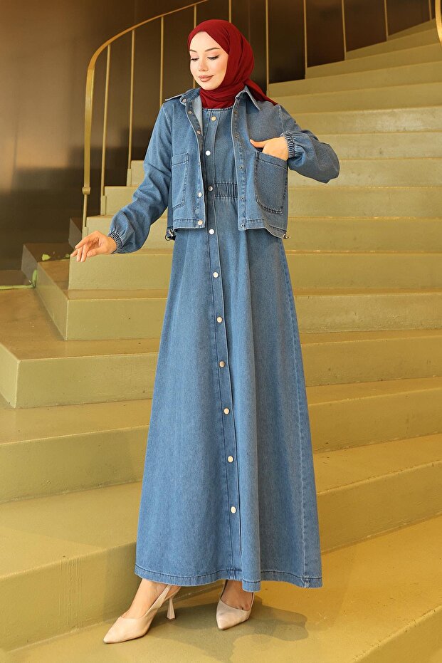 Buttoned Jacket Denim Suit Light Blue 19281 - 3