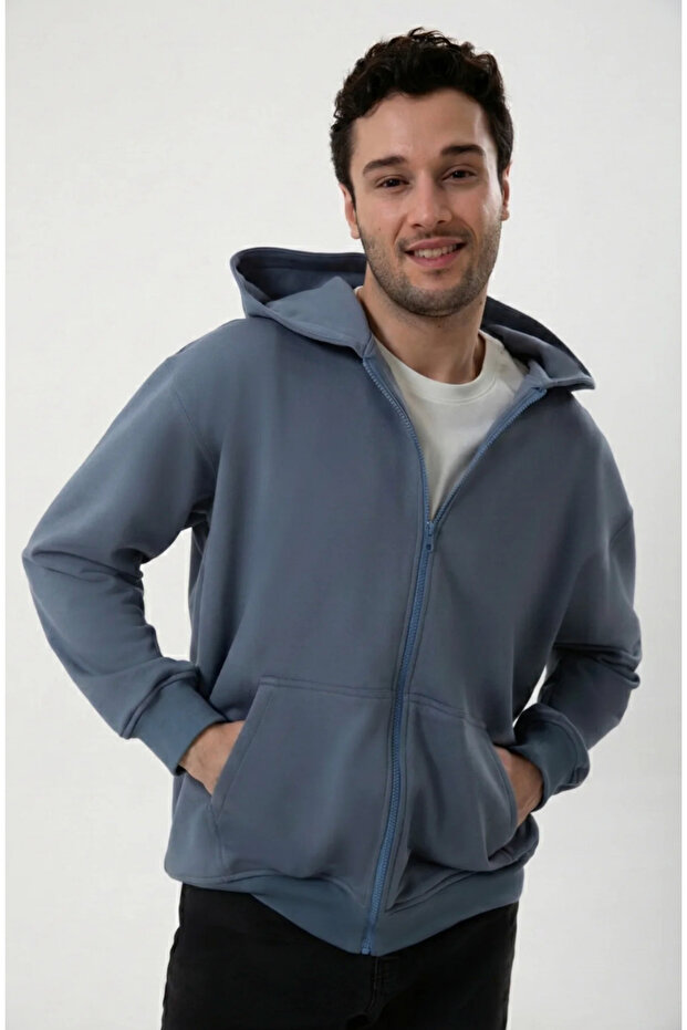 Zippered Organic Cotton Charcoal Color Men's Sweatshirt
