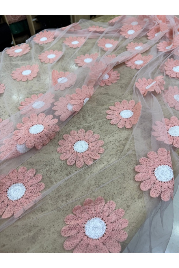 Powder Pink Daisy Embroidered Dream Tulle Fabric - Floral Embroidered Children's Dress and Organization Fabric