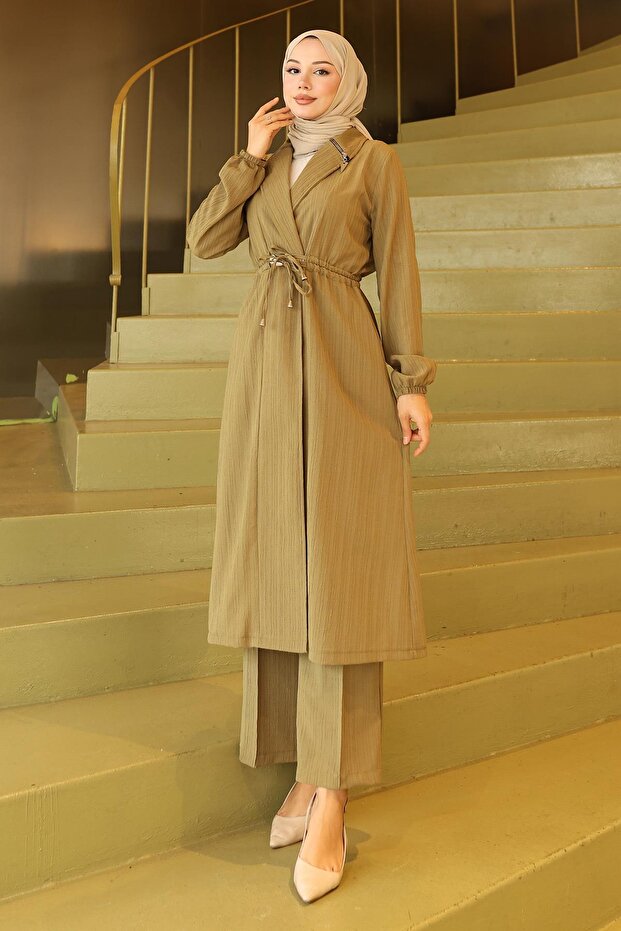 Zipper Detailed Collar Suit Khaki 19276