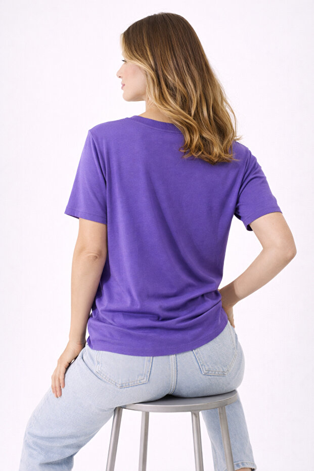 Kadın Mor V Yaka Kısa Kollu Basic Bluz - 5
