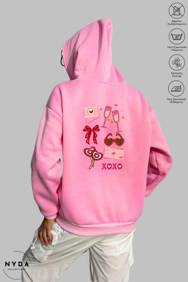 Women's Hoodie Long Sleeve Sticker Love Printed Hooded Oversized 100% Cotton Combed Cotton Sweatshirt