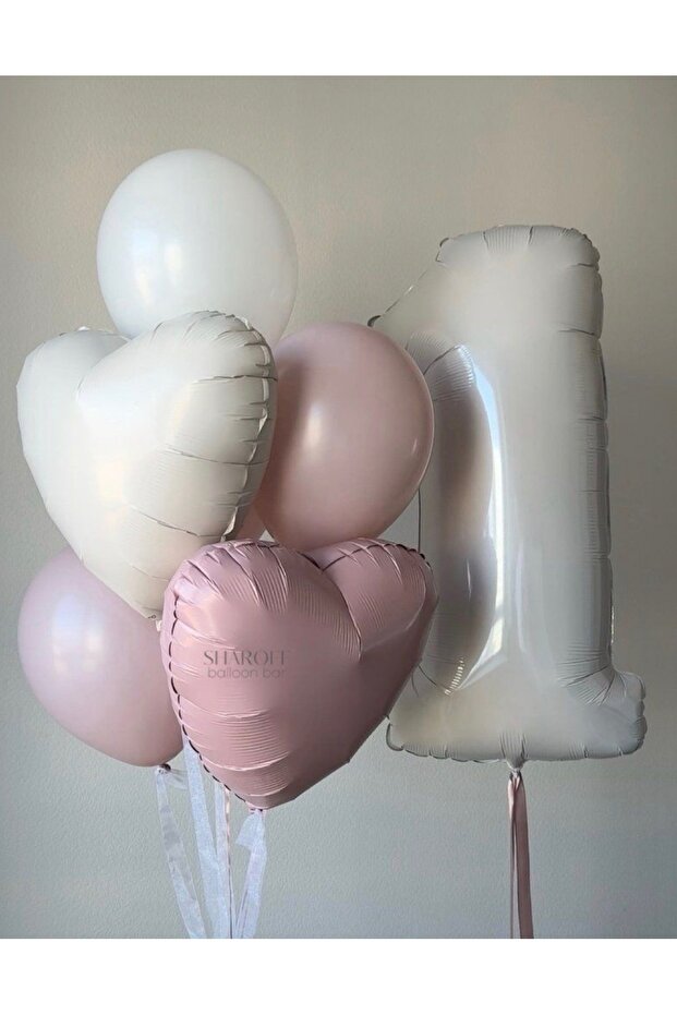 Beige 1 Year Old Balloon Heart Balloon Set 6 Pieces