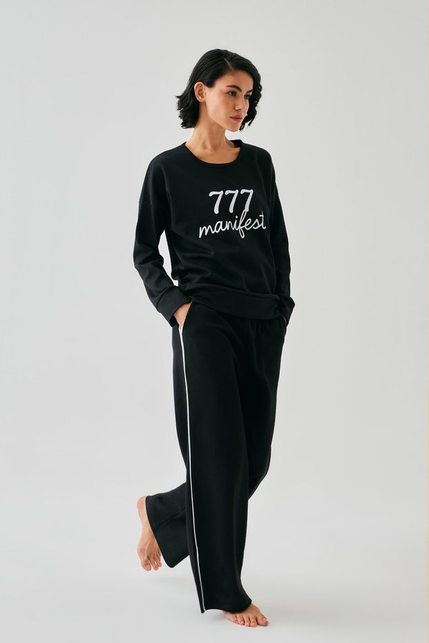 Women's Black 777 Manifest Oversize 2 Thread Tracksuit Home Wear Set