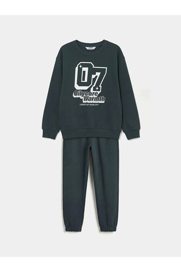 Lcw Kids Anthracite Crew Neck Printed Boys' Tracksuit Set