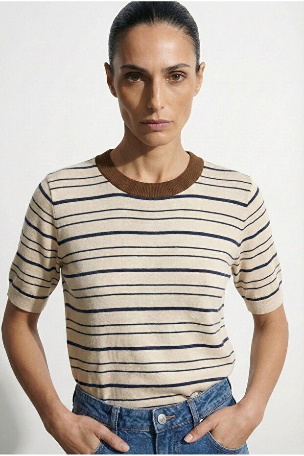 Çizgili Triko Krem - 1