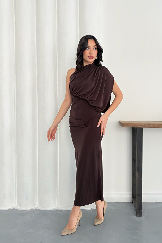 Rochie lungă, elegantă, drapată, cu un singur umăr - 6