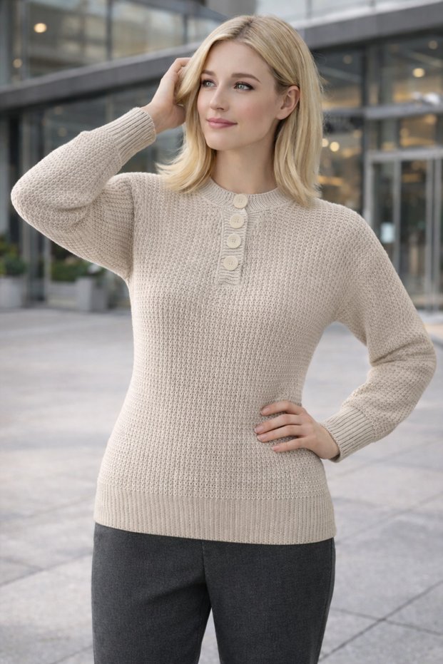 Women's Knitwear Sweater Beige Buttoned Crew Neck Basic Long Sleeve Winter Stylish Soft Textured