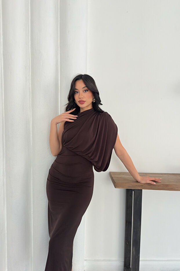 Rochie lungă, elegantă, drapată, cu un singur umăr - 4