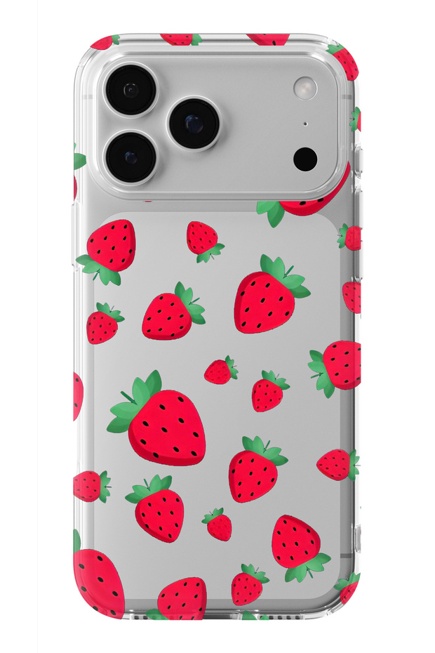 iPhone 17 Pro Max Compatible Strawberry Design Printed Transparent Case - 1