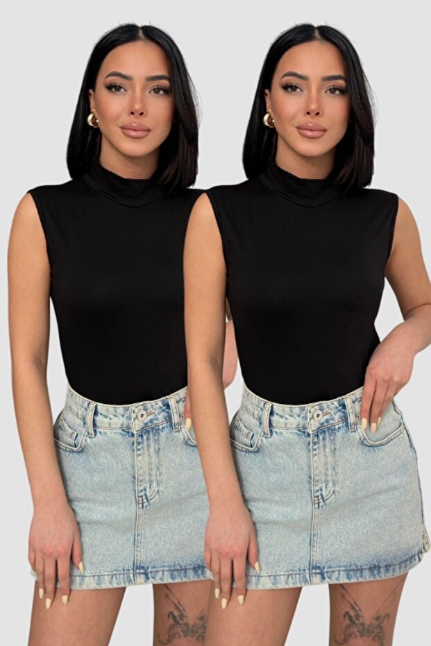 Women's 2-Piece Black Sleeveless Body Zero Sleeve Body Half Turtleneck Body