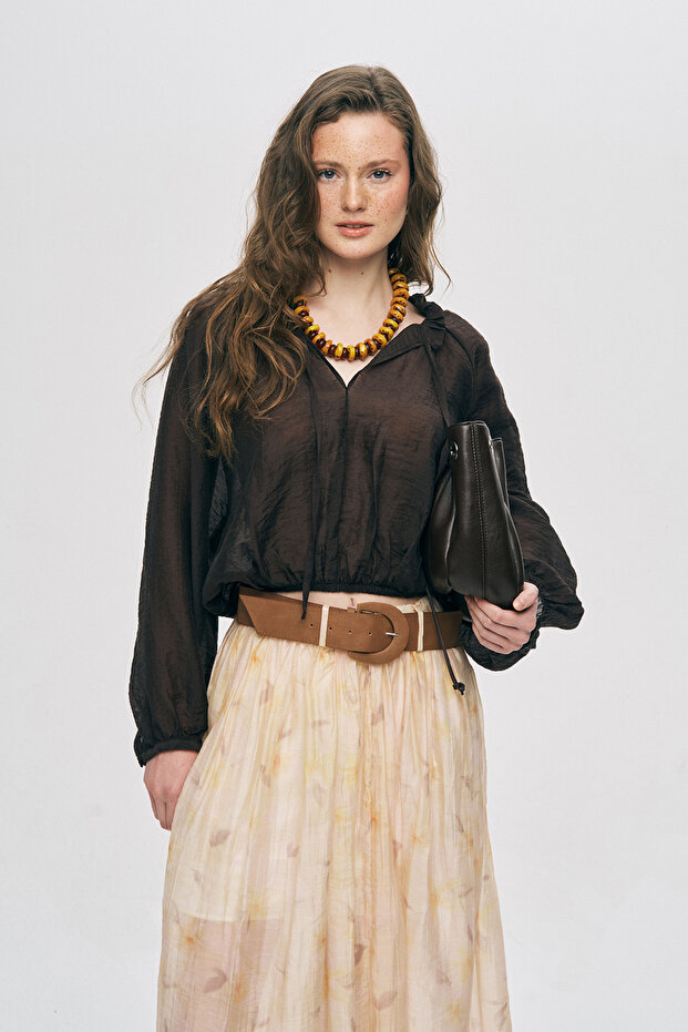 Women's Transparent Blouse with Elastic Waist and Drawstring Detail