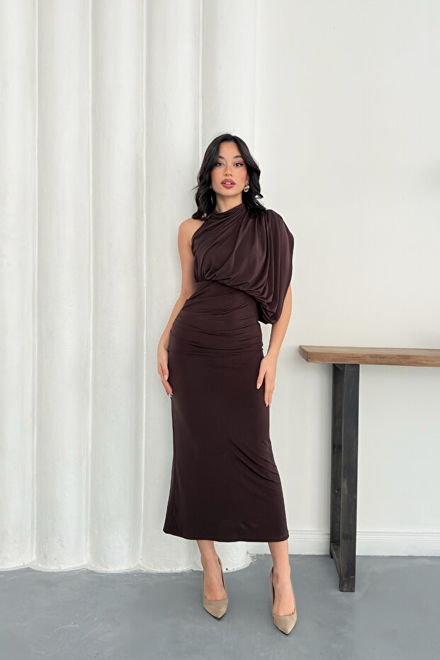 Rochie lungă, elegantă, drapată, cu un singur umăr - 5