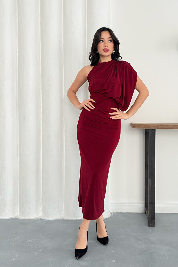 Rochie lungă, elegantă, drapată, cu un singur umăr - 7