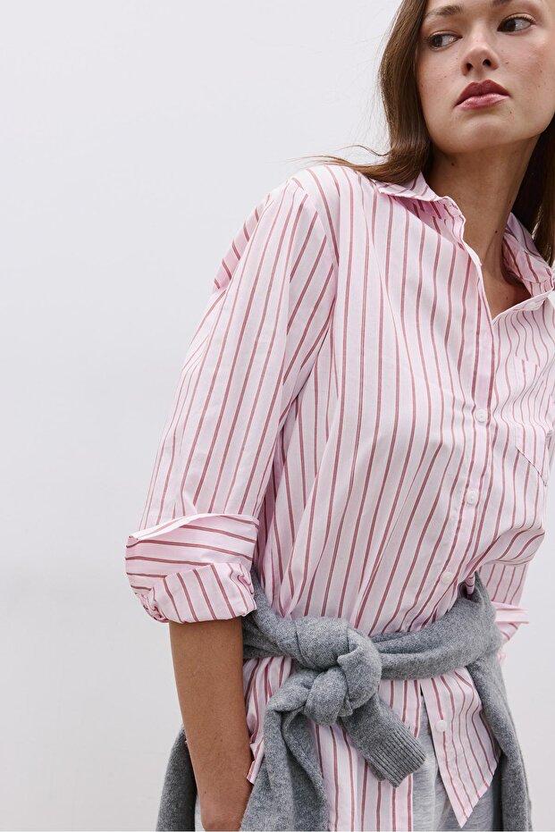 Basic çizgili poplin cepli gömlek - 1